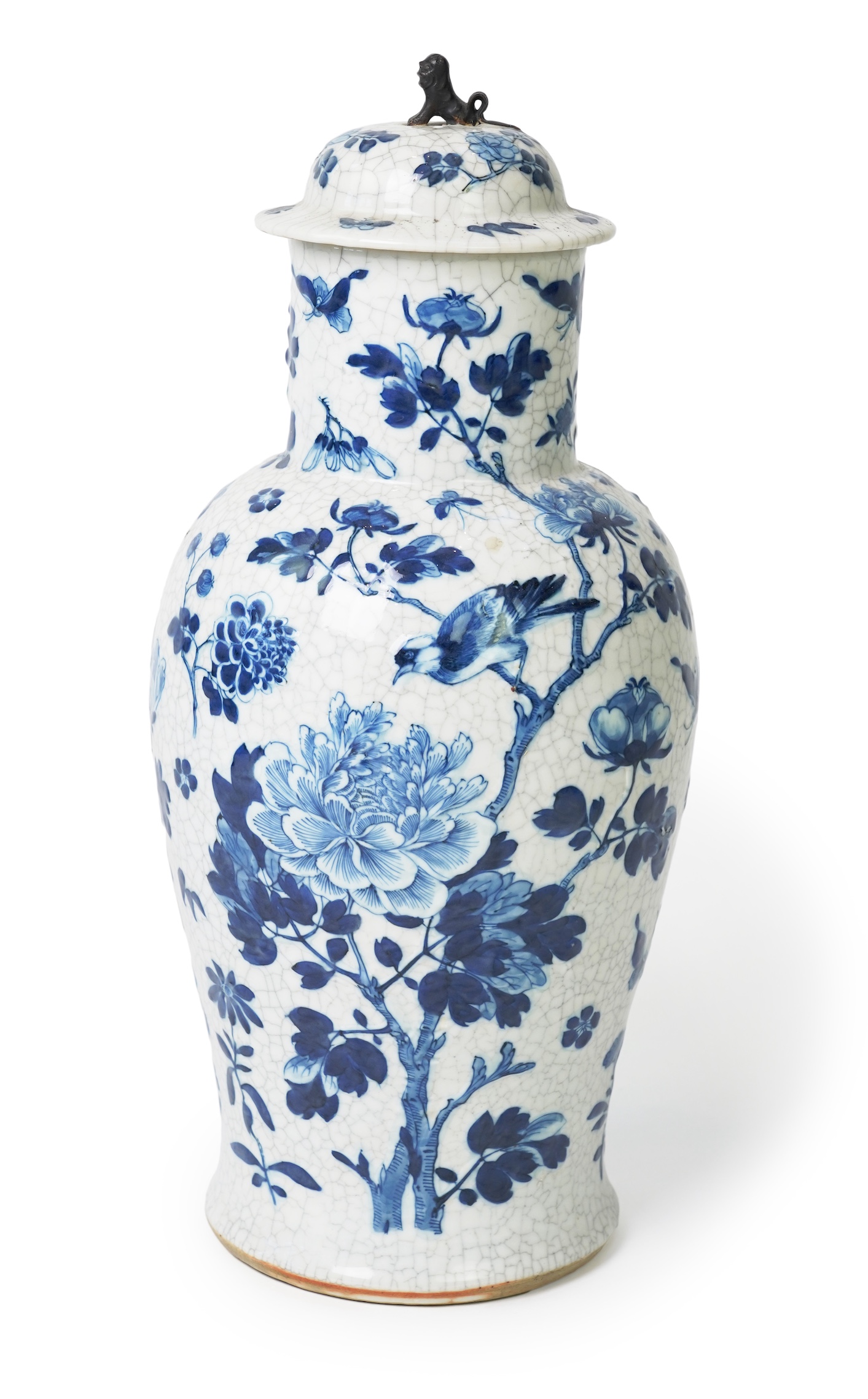 A Chinese blue and white crackle glaze baluster vase and cover, early 20th century